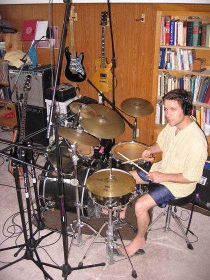 Jon playing drums in mangobananas studios, Ithaca, at the session for this song in July 2007.